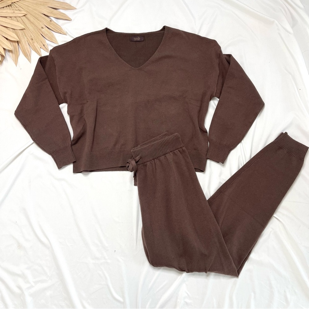 Nuuds Luxe Knit Coffee Chocolate Brown V-Neck Sweater & Joggers Pants Lounge Set